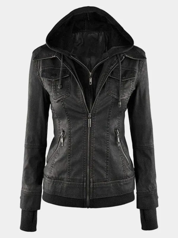 Asal Vision Black Jackets | Hooded Jackets | Women’s Fitted Bomber Leather Jacket Black