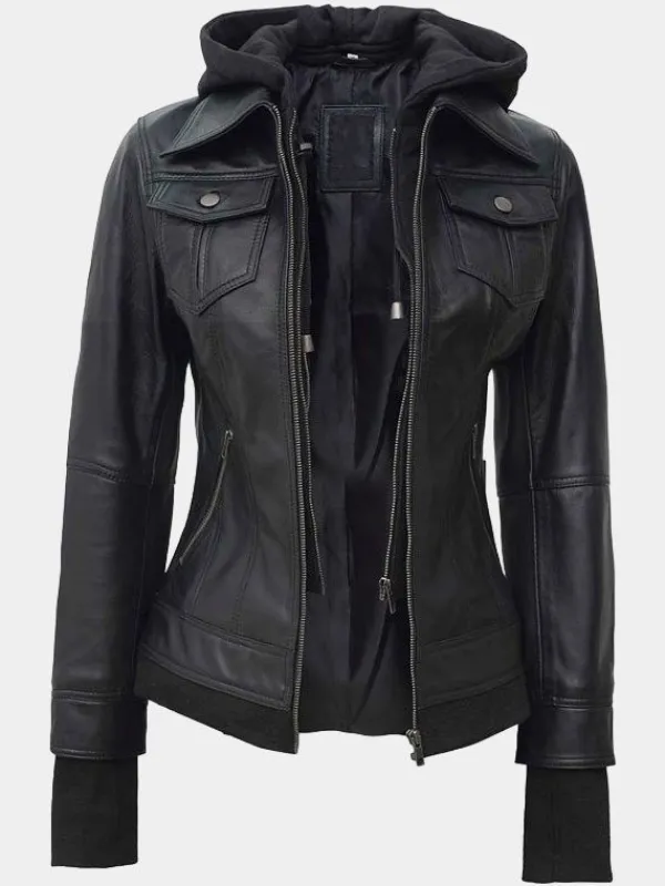 Asal Vision Black Jackets | Hooded Jackets | Women’s Bomber Hooded Leather Jacket In Color Black