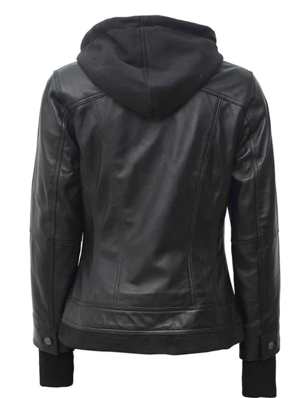 Asal Vision Black Jackets | Hooded Jackets | Women’s Bomber Hooded Leather Jacket In Color Black