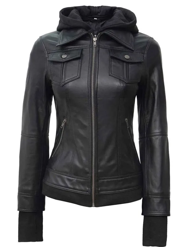 Asal Vision Black Jackets | Hooded Jackets | Women’s Bomber Hooded Leather Jacket In Color Black