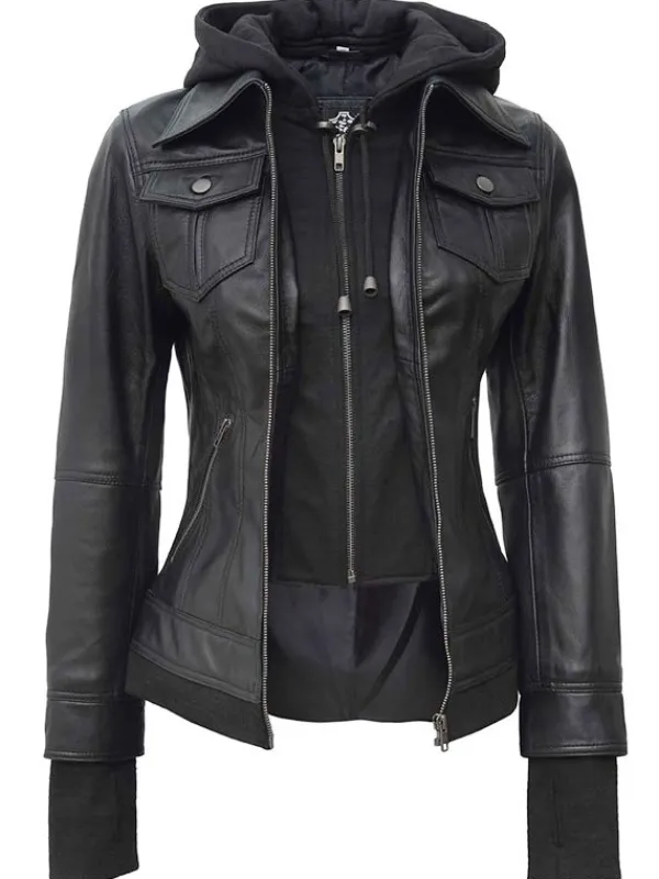 Asal Vision Black Jackets | Hooded Jackets | Women’s Bomber Hooded Leather Jacket In Color Black