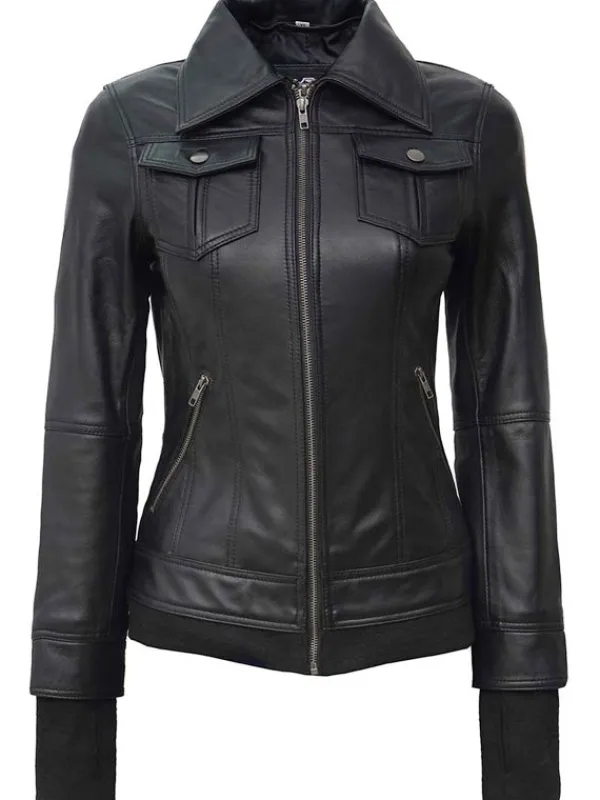 Asal Vision Black Jackets | Hooded Jackets | Women’s Bomber Hooded Leather Jacket In Color Black