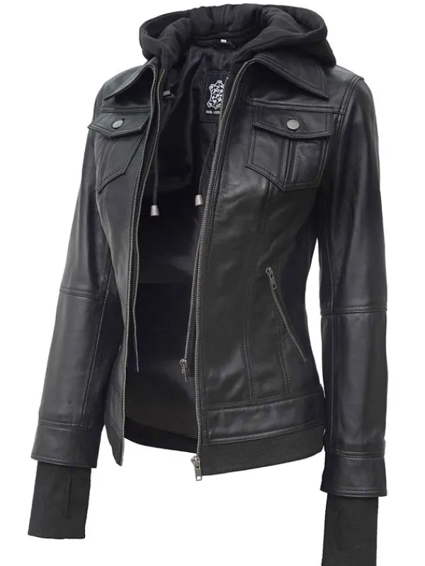 Asal Vision Black Jackets | Hooded Jackets | Women’s Bomber Hooded Leather Jacket In Color Black